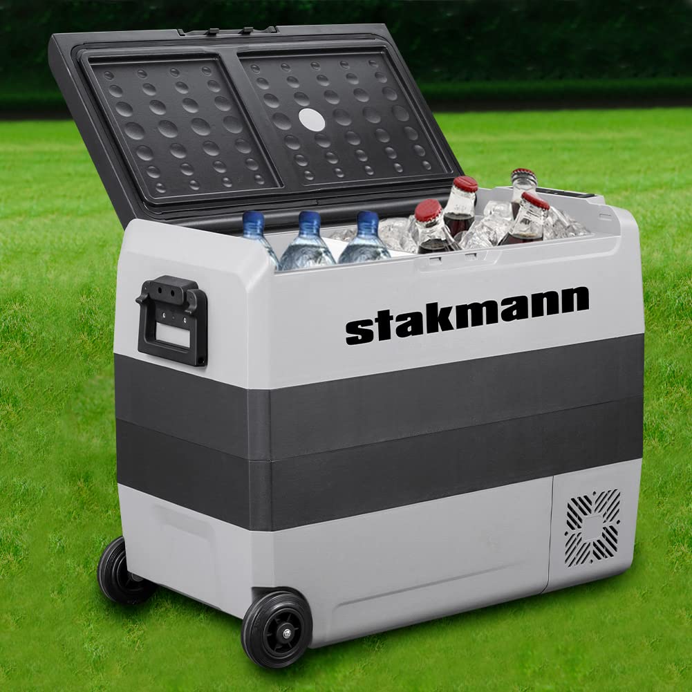Frigorifero Portatile con Compressore 12V 220V, Frigo Congelatore con 2 Scomparti, Ruote e Manici Laterali, AC-DC 12/24 V, Ideale per Auto, Camper, Barca, Viaggi, Picnic (60 Litri)