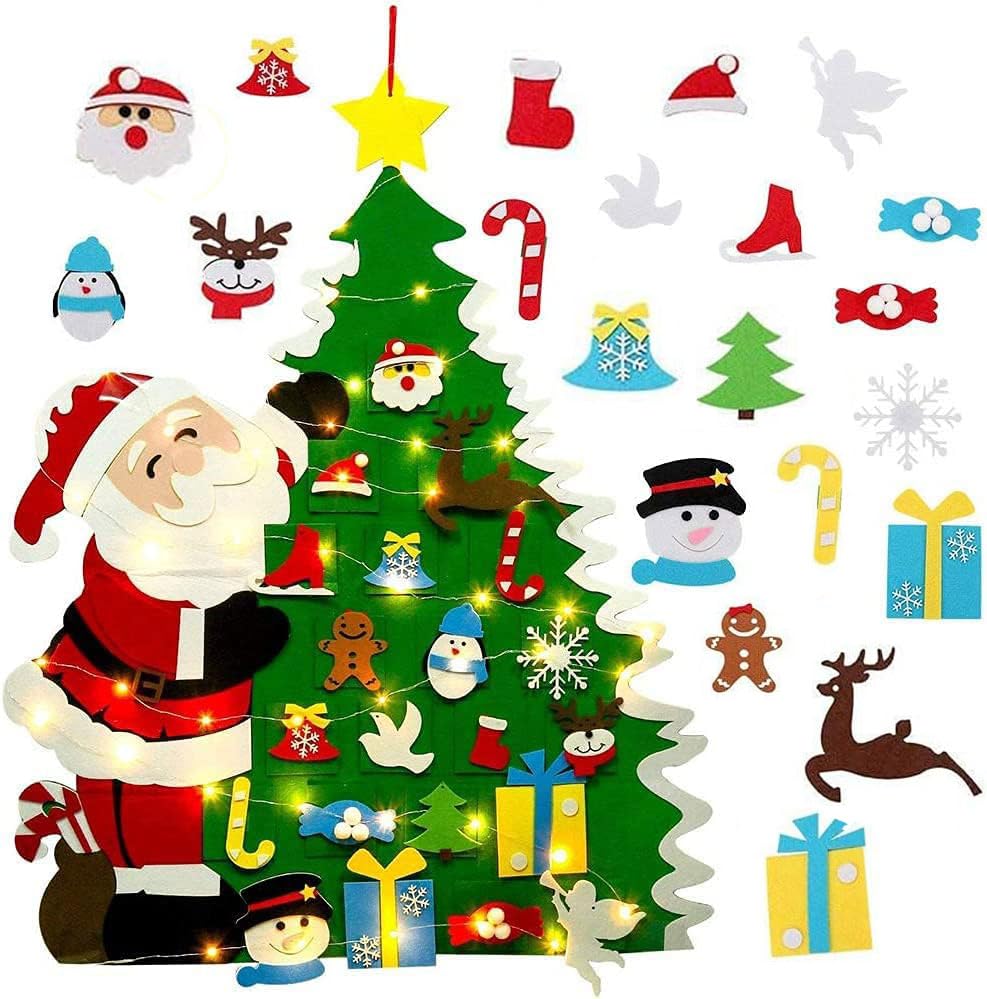 3.3 FT Felt Christmas Tree Set + Detachable Ornaments with Santa Claus and LED String Lights,Wall Hanging Xmas Gifts for Christmas Decorations