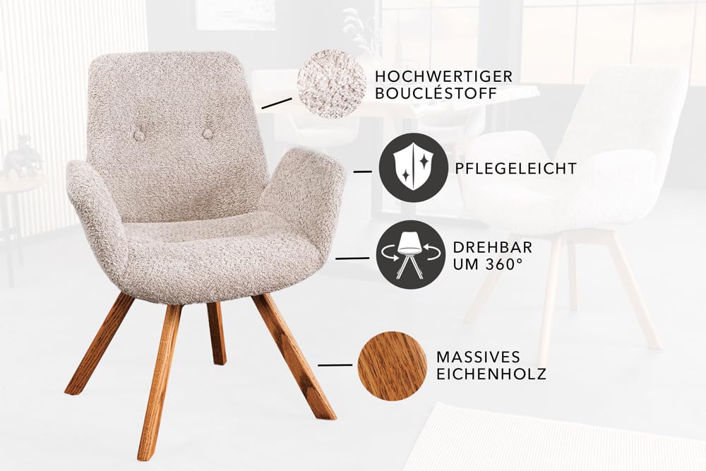 Stuhl BALTIC - 61cm - beige - Bouclé-Stoff Massivholz-Beine Eiche drehbar