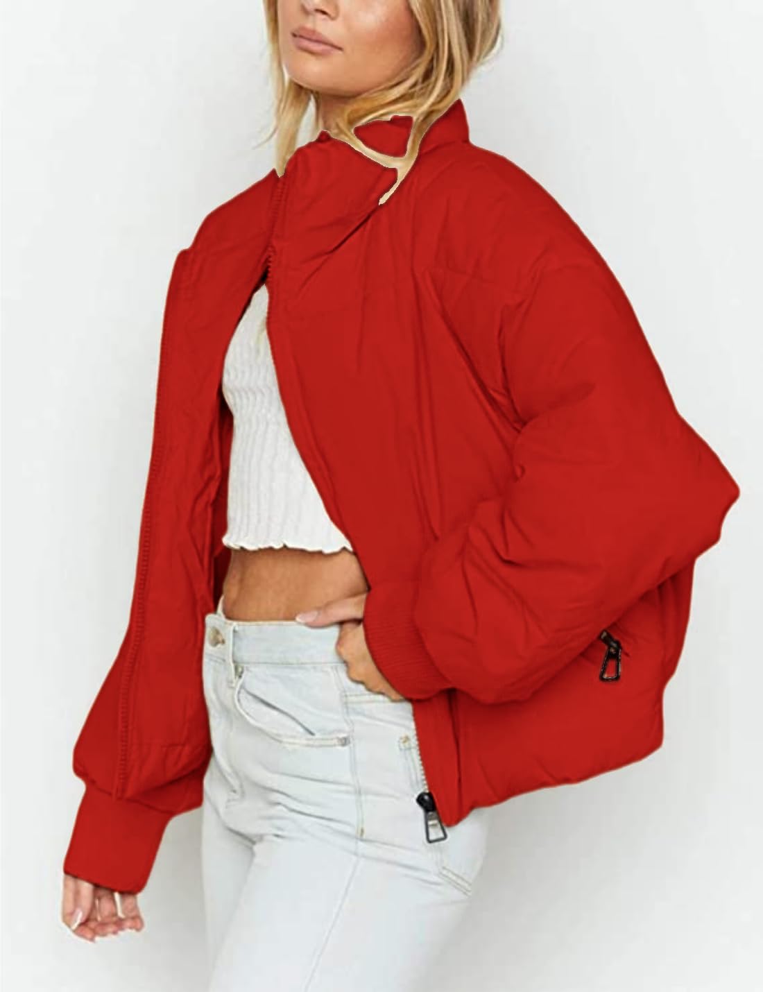 InterNos Women's Winter Stand Collar Zip Puffer Jacket Baggy Short Padded Down Coats - Image 3