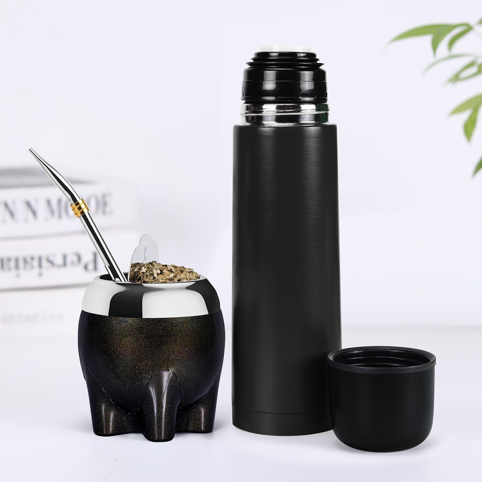 Cuopru Yerba Mate Ensemble de tasses 5 en 1 en acier inoxydable avec gourde en acier inoxydable (étoiles pailletées, style éléphant mignon), paille Bombilla et ensemble façonneur de thé, 153,1 g