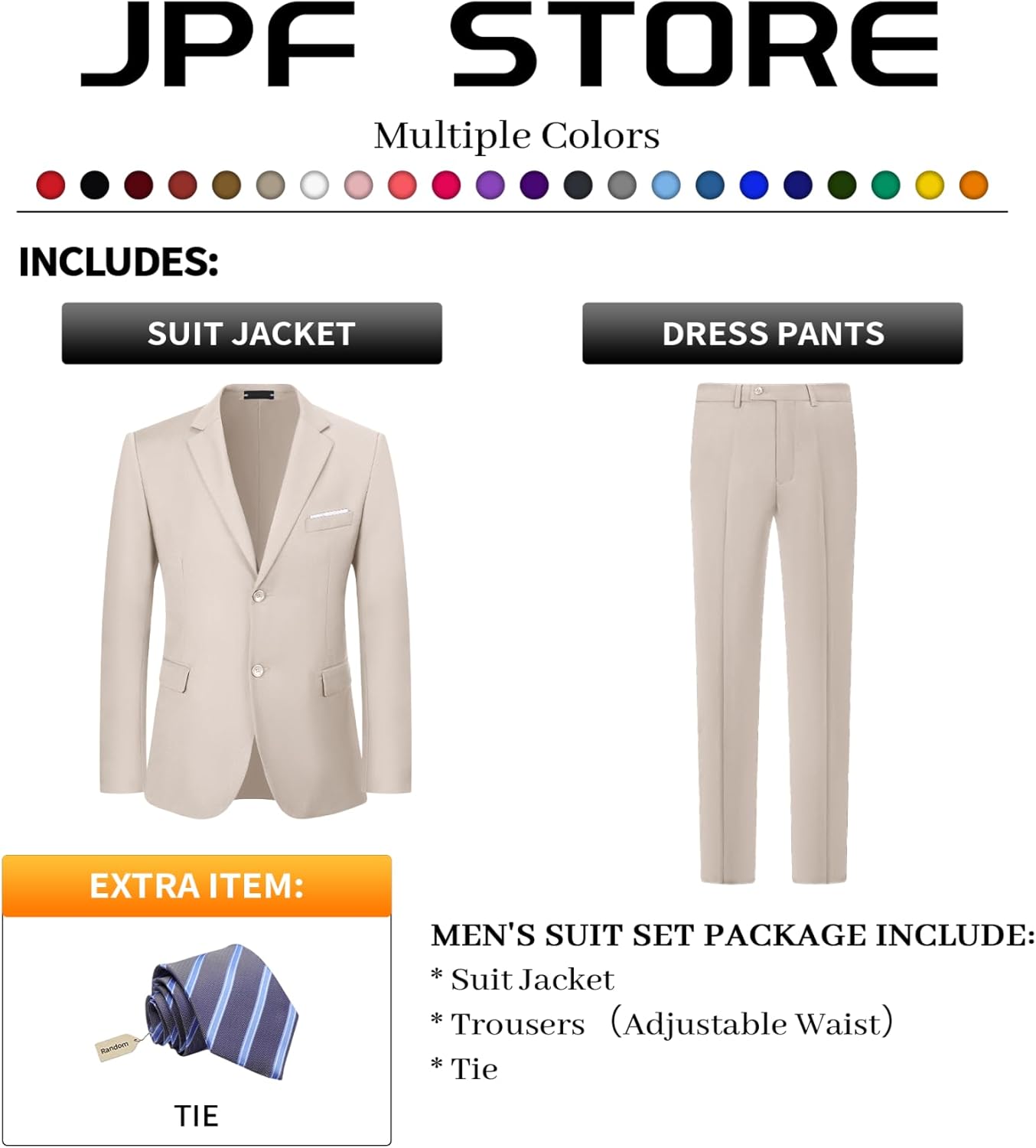 JPF Men's 2 Piece Slim Fit Suit Set, Two Button Solid Jacket Pants with Tie Suits for Men - Image 2