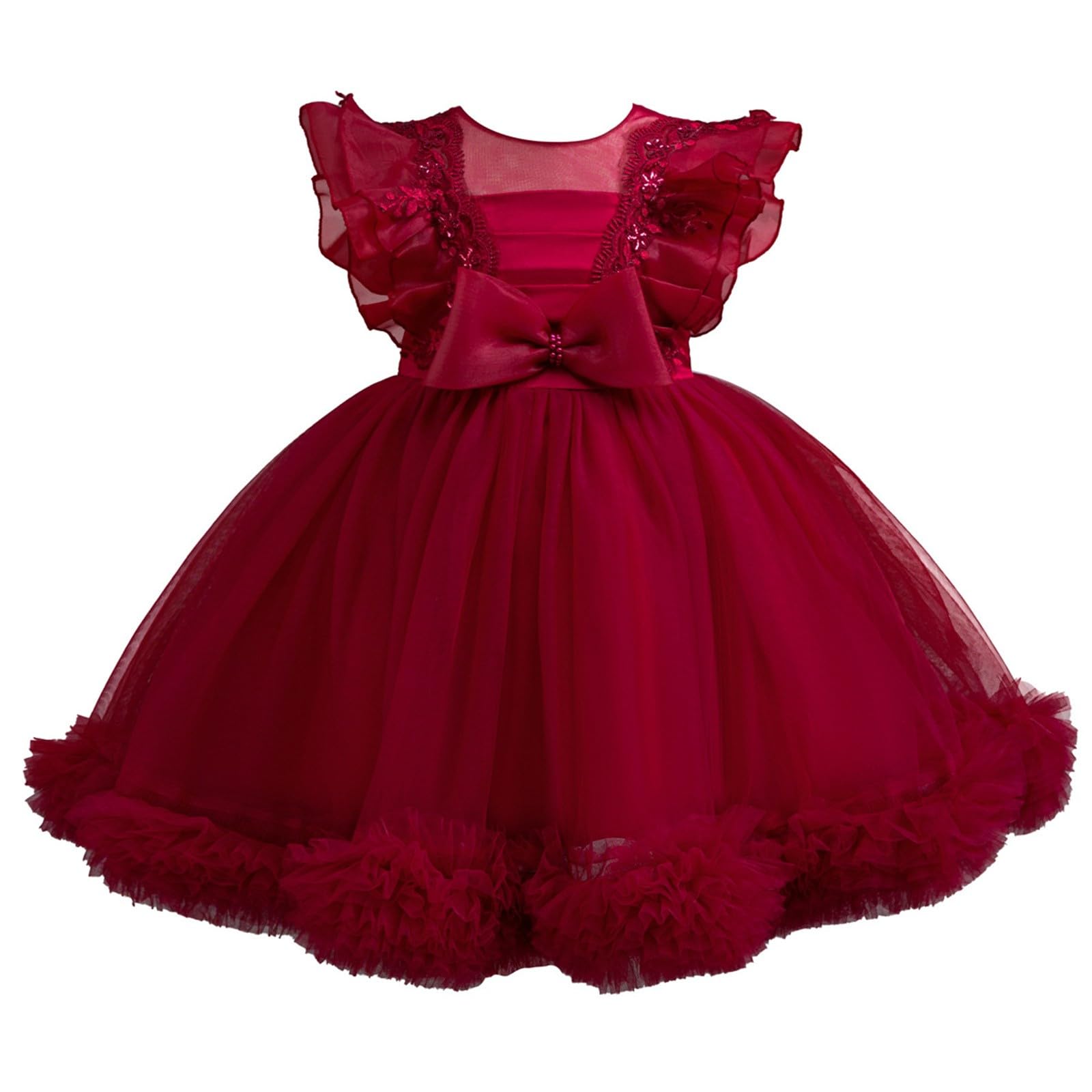 Abito da principessa per ragazze, in tulle, con fiocco, per feste di compleanno, formali, balli studenteschi, matrimoni, damigelle d'onore, concorso, maniche a volant, abiti car