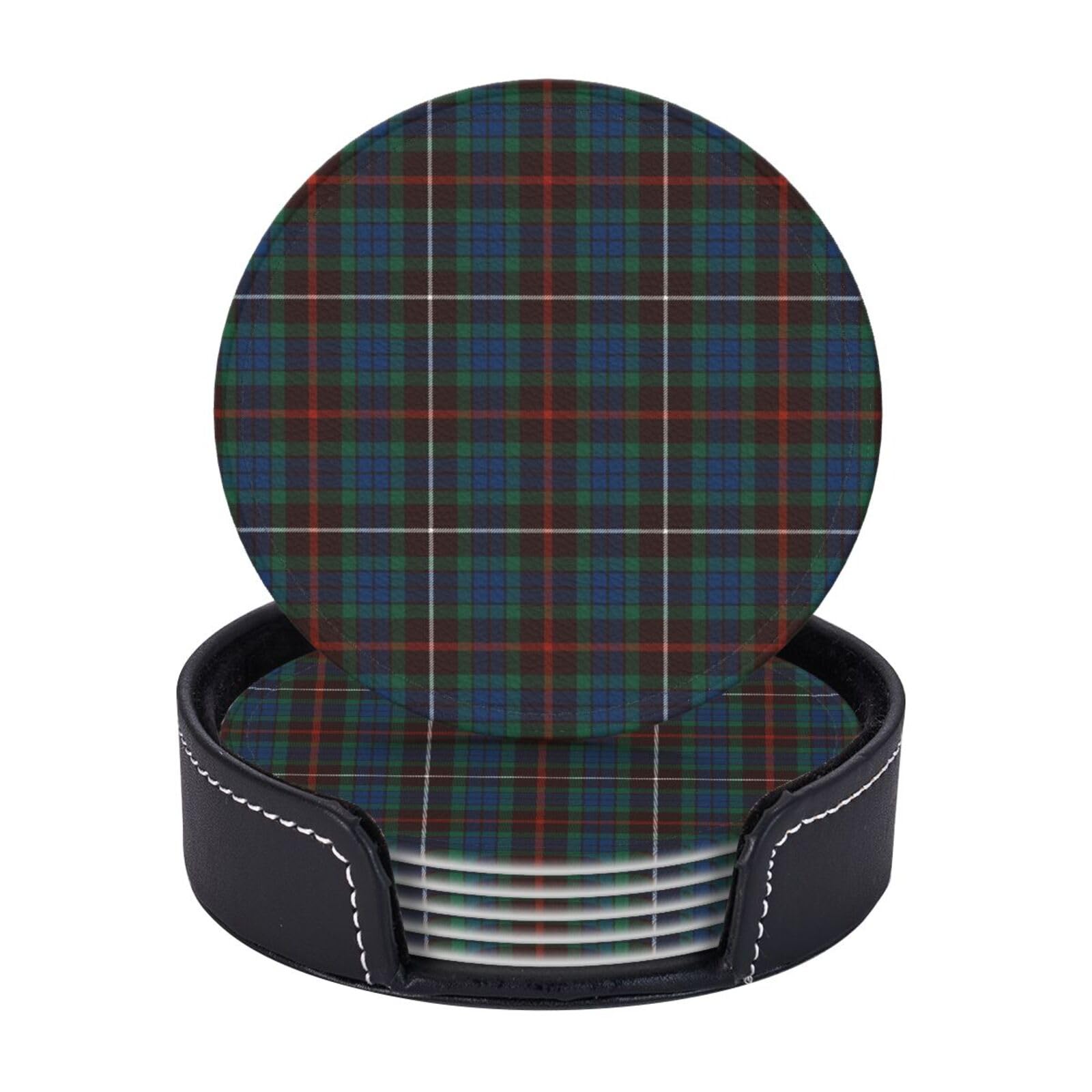 Smazdfxx As Pic 6 Pcs Pu Leather Coasters With Holder, Fraser Hunting Ancient Tartan Drink Coaster Set Absorbent Heat Bar Table Decor