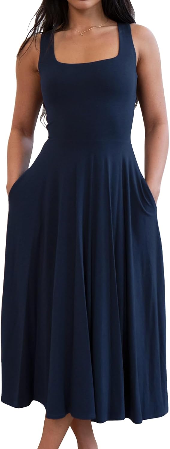 FairBeauty Women's Square Neck Casual Sleeveless Long Dress Stretchy Summer Sundress with Pockets