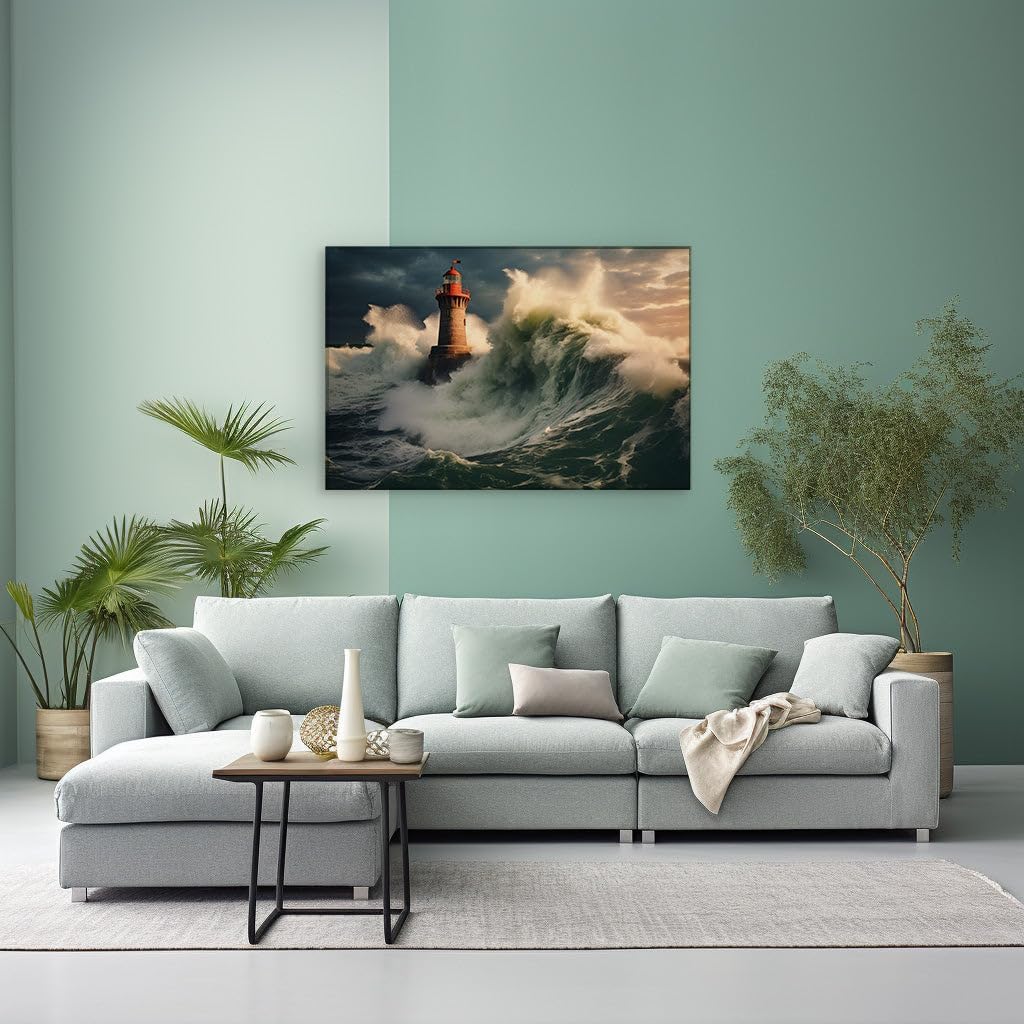 Canvas for Living room. Lighthouse in the Tempest � A Beacon Against the Fury of the Sea, 27 x 18 inch Canvas Wall Art - Clouds - Modern Home Decor