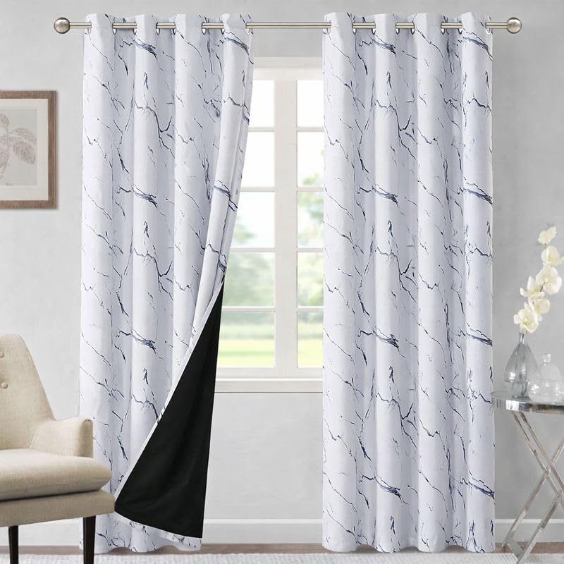 Image of BFAM Marble Print 100% Blackout Curtain with Black Linning at Back,Blue Marble Print Curtains for Living Room /Bedroom Thermal Insulated Energey Saving 10 Feet Pack of 1 Curtain