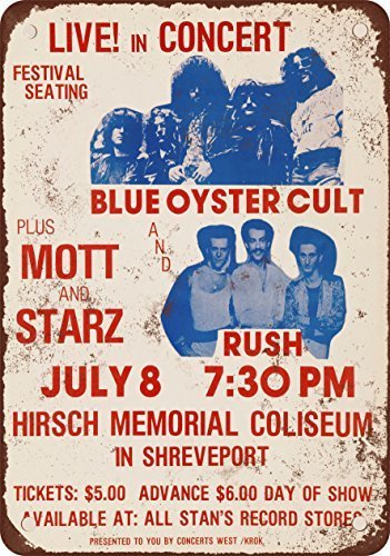 1976 Blue Oyster Cult and Rush in Shreveport Vintage Look Reproduction Metal Tin Sign 8X12 Inches