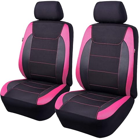 Flying Banner car seat Covers Quality Carbon Fiber Air Mesh Fabric Sport Low High Back Bucket Back Pocket Arm Rest (2 Fronts - Low Bucket, Pink)