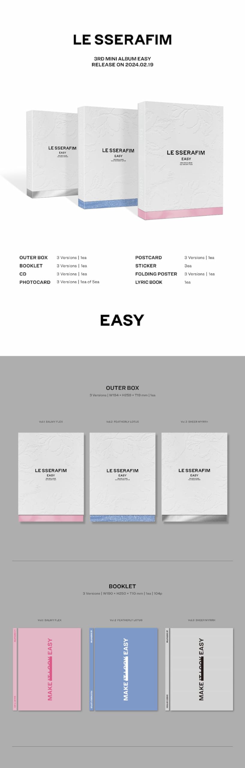 KPOP LE SSERAFIM Easy 3rd Mini Album Standard Vol.3 Version CD+1p Folding Poster on Pack+104p Booklet+1p PhotoCard+1p PostCard+3ea Sticker+1ea Lyric Book+Tracking Sealed LSFM