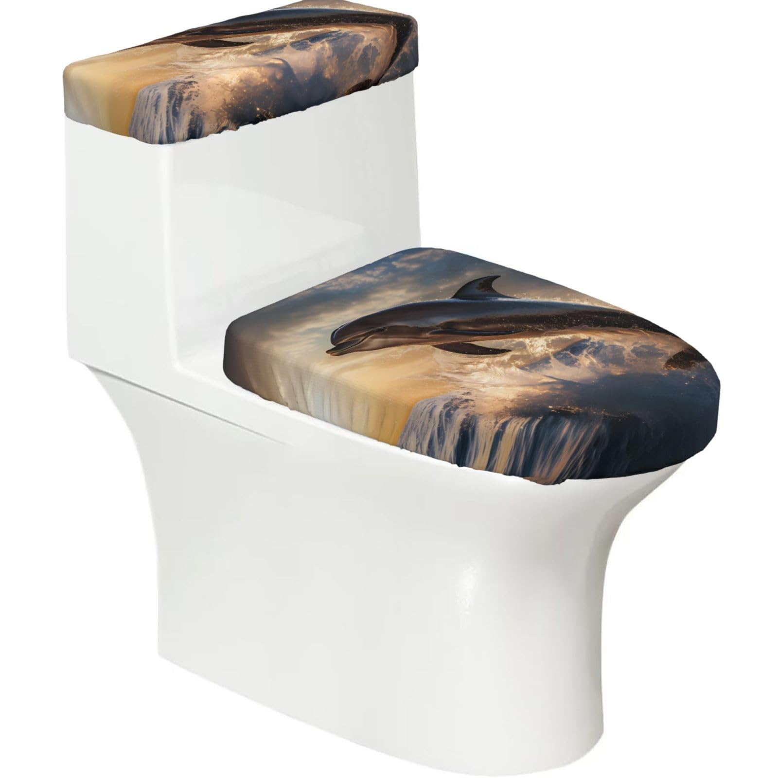 Dolphins 2-Piece Toilet Seat Cover Set with Tank Lid - Elastic for U-Shape & Elongated - Bathroom Decor