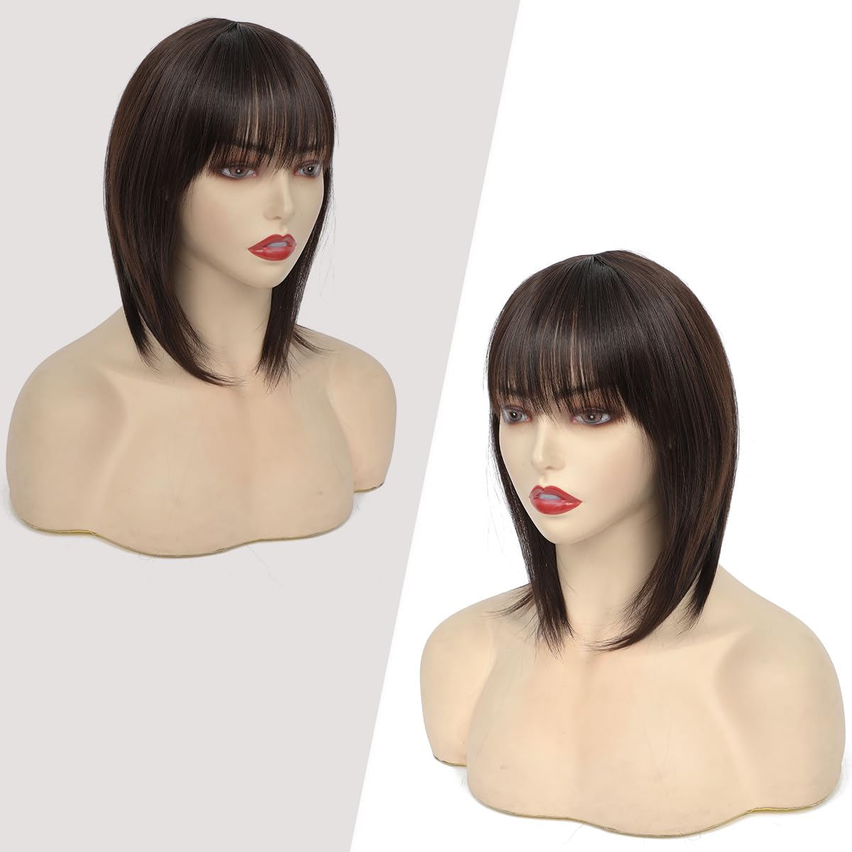 Yamel Hair Topper for Women Natural Synthetic Hairpieces 12 Inch Chocolate Brown Hair Topper with Bangs Straight Wiglets Hairpieces for Thinning Hair - Image 2