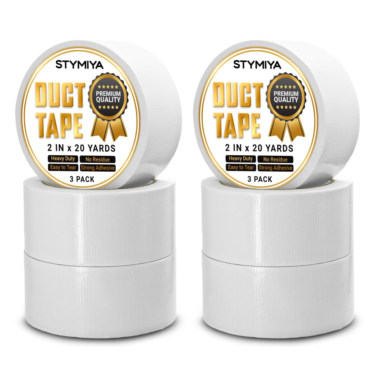 Stymiya White Duct Tape Heavy Duty: 6 Rolls 2inch x 20yd Wide Waterproof Outdoor - Strong Adhesive Weather Tapes Repair Bulk - Ductape for Patterns Masking Packing Furniture Kids Craft (6, White)