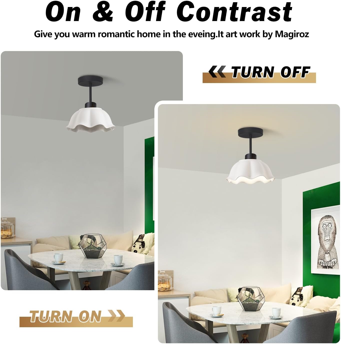 White Glass Semi Flush Mount Light - Matte Black Ceiling Fixture - Vintage Close to Ceiling Light - Small Milk Ceramic Hallway & Porch Schoolhouse Flower Lamp - MCL10B-BK-L-1