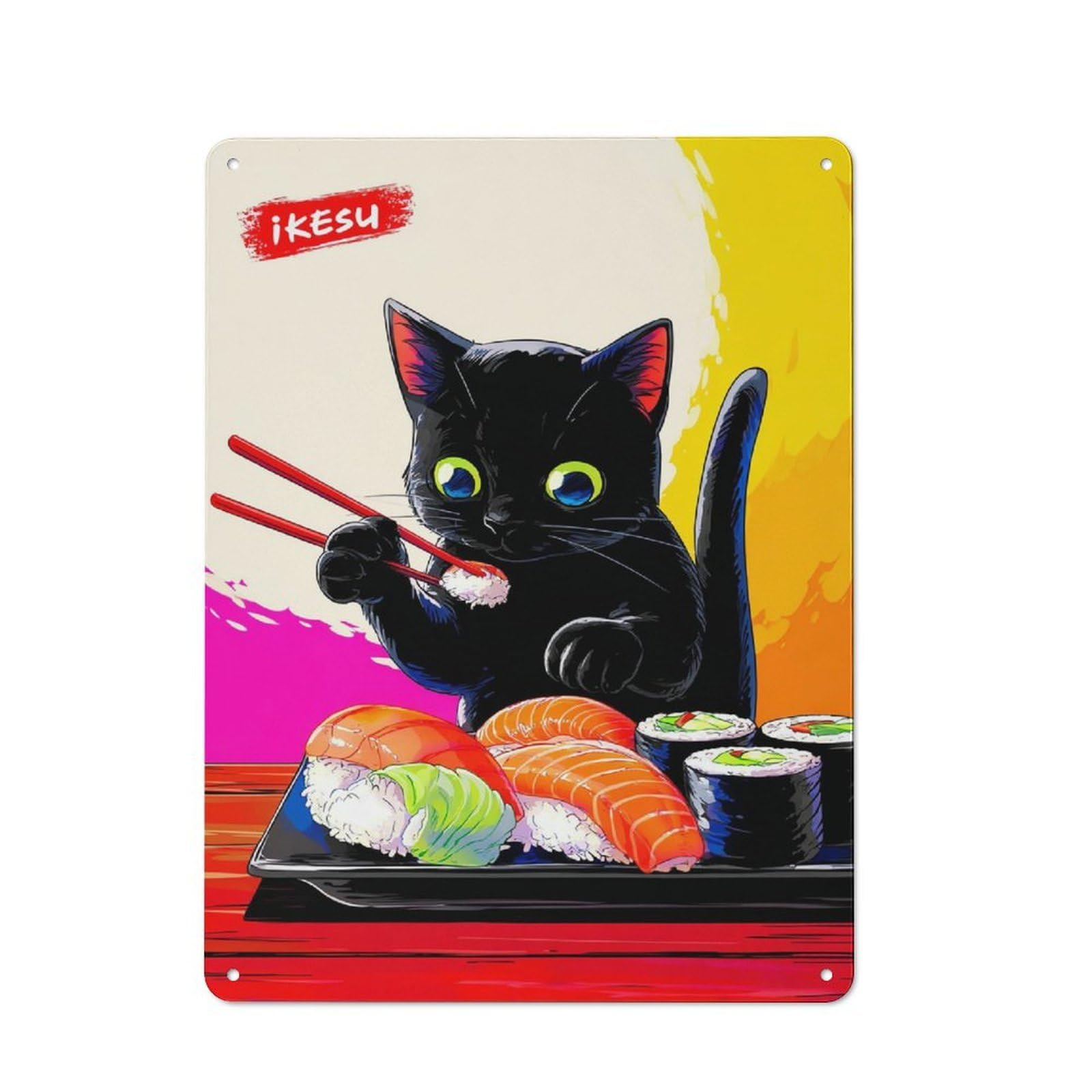 Junmoney Sushi Cat With Chopsticks -2 Retro Tin Sign 40X30cm For Lounge Or Reading Corner, Gift For Lounge Decor Fans During The Christmas Season