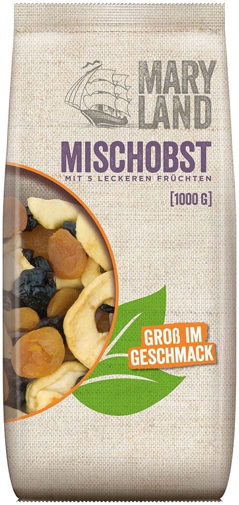 Maryland Mischobst 4 x 1kg Vorratspackung – Mit getrockneten Apfelringen, Pflaumen, Aprikosen, Birnen und Pfirsichen im Großbeutel – Veganes Trockenobst, perfekt zum Snacken (4 x 1kg)