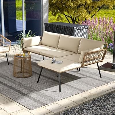 DWVO Patio Furniture Set 3 Piece Outdoor Wicker Conversation Set with Detachable Cushions and Coffee Table L-Shaped Sectional Sofa Set Outdoor Furniture Set for Backyard Porch Deck - Beige