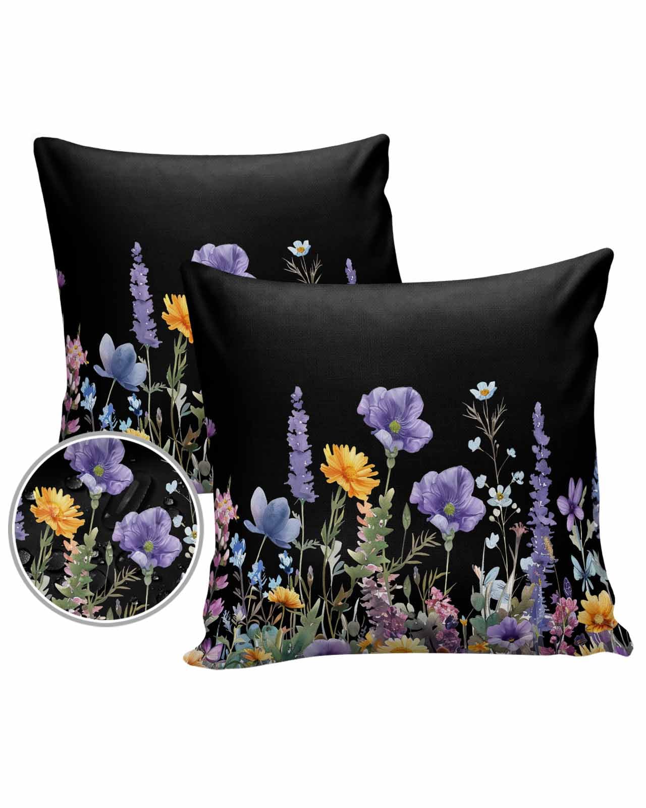 DecorLovee Spring Floral Waterproof Outdoor Pillow Covers, Decorative Pillow Cases, Summer Botanical Elegant Black Square Garden Throw Cushion Cases