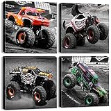 Monster Truck Canvas Wall Art for Boys Room Decor Black and White Car Posters Teen Men Game Room Home Decorations Monster Jam Stunt Pictures Print Painting Bedroom Living Room Cool Artwork 12x12' 4Pcs