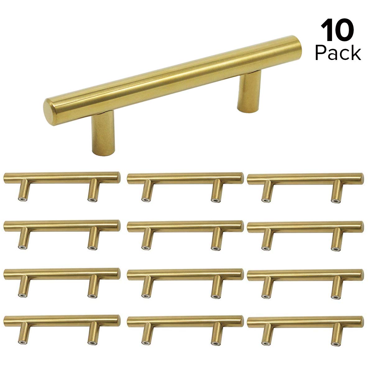 Cabinet Handles, La Vane 10-Pack Modern Stainless Steel Brushed Brass Gold T Bar Pulls, Over Length: 6 inch(15cm), Hole Centers: 3-3/4 inch(9.6cm) for Drawer Wardrobe Closet Cupboard