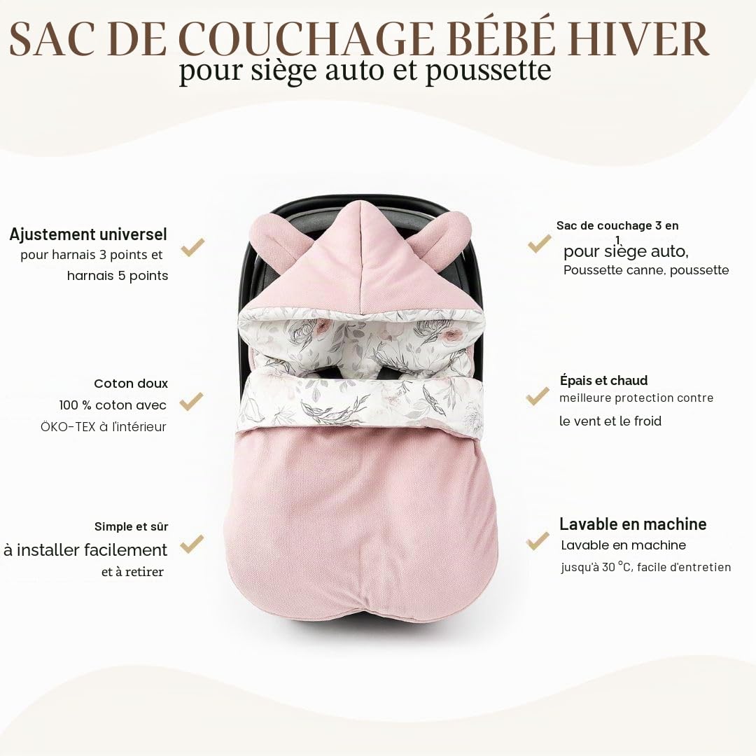 Chancelière d'hiver, chancelière pour Coque bébé, Hiver/Automne, chancelière bébé Chaude, Couverture d'emmaillotage pour Poussette/Buggy, Universelle avec Harnais 3 Points et 5 Points Rose Fleurs