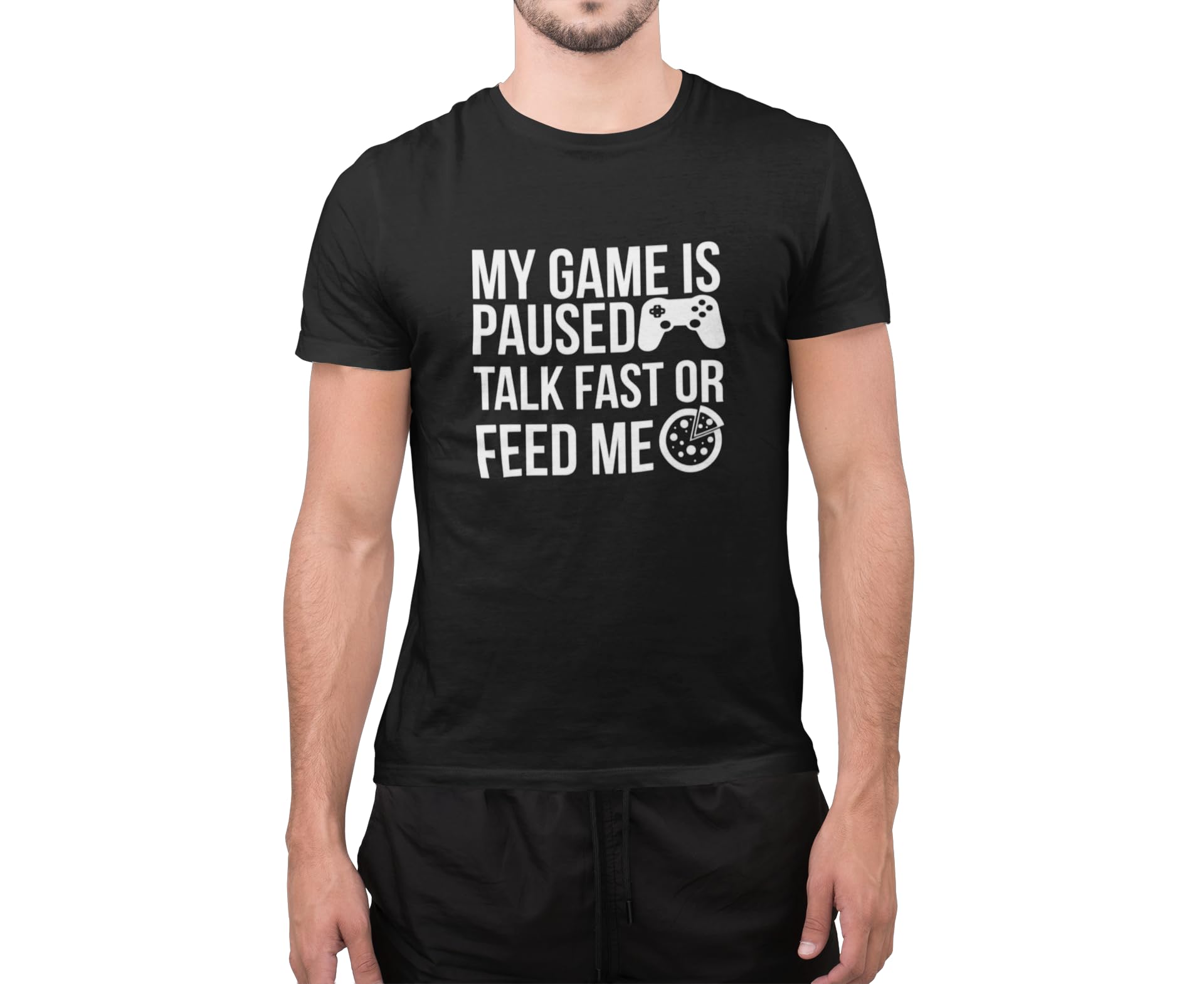 Graphic Impact Black Funny My Game Is Paused Gamer Slogan Foodie Pizza Lovers Gaming Novelty T Shirt (Xlarge, )