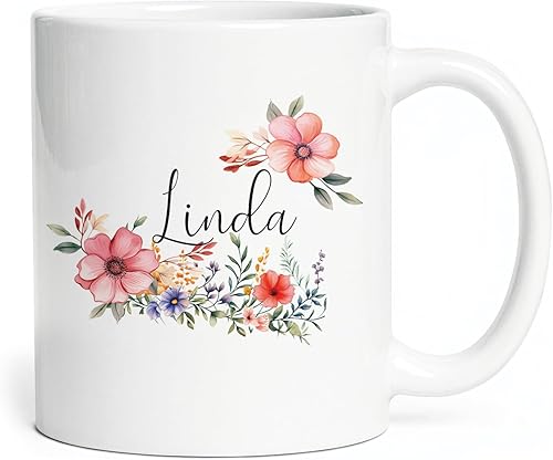 Vista 20 de Taza de cerámica blanca con monograma de letra inicial personalizada, alfabeto floral, nombre personalizado y inicial A-Z, taza de café de 11 onzas