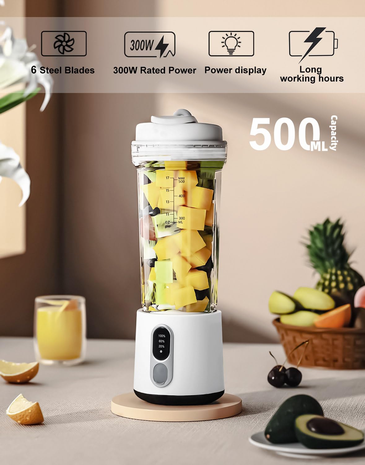 Mixseur Portable 500ml pour Shakes et Smoothies, Mixseur Personnel Rechargeable USB-C 4000mAh, 6 Lames en Acier Inoxydable, Mixseur Sans Fil de Voyage pour Salle de Sport, Extérieur, Cuisine