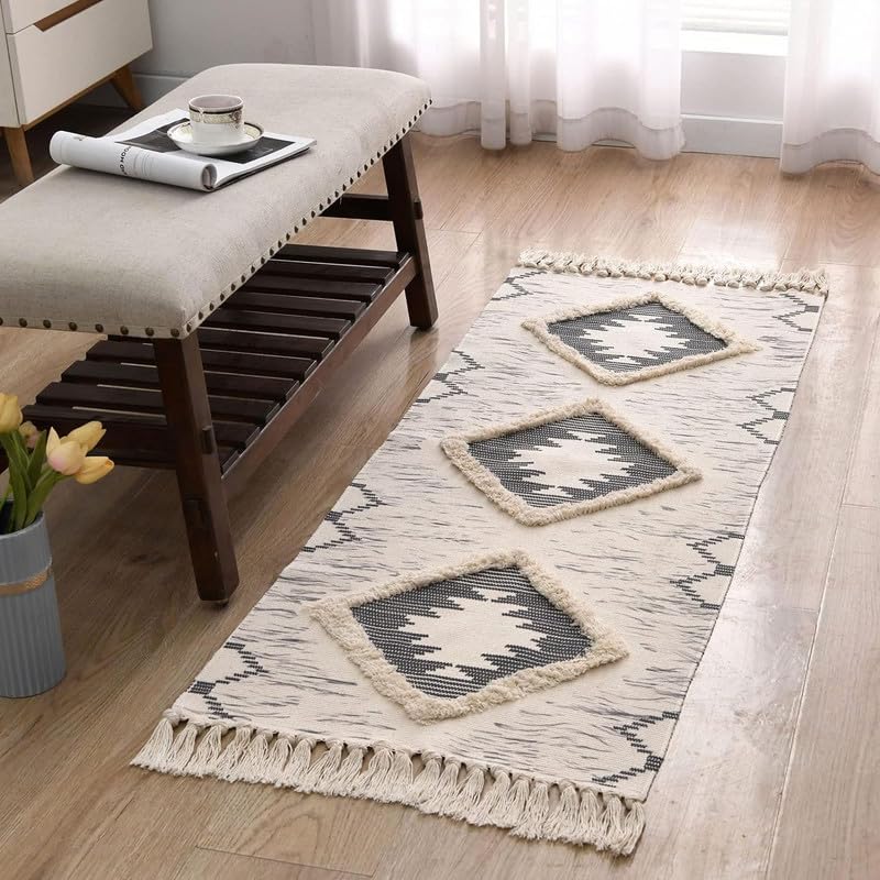 FIASCO Hand Woven 100% Natural Cotton Export Quality Designer Striped Rug, Bed Side Runner Rug Carpet for Bedroom, Passage,Living Room, Size- 2X5 Feet Beige &Ivory