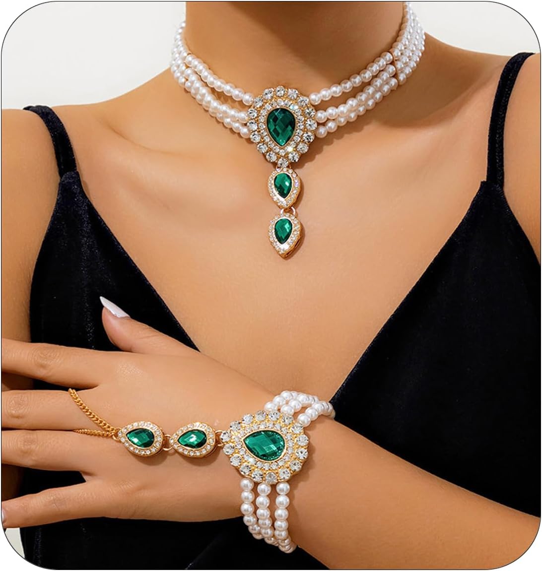 Pearl Necklace Bracelet Jewelry Set for Women Vintage Imitation Pearl Multi-Strand Choker Shiny Crystal Teardrop Pendant Necklace and Bracelet Court Style Queen Costume Jewelry