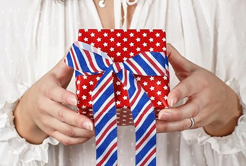 Miniatura 3 de Cintas patrióticas con borde con alambre de 2.5 pulgadas, 10 yardas, cinta de tela patriótica con purpurina roja y azul para manualidades,