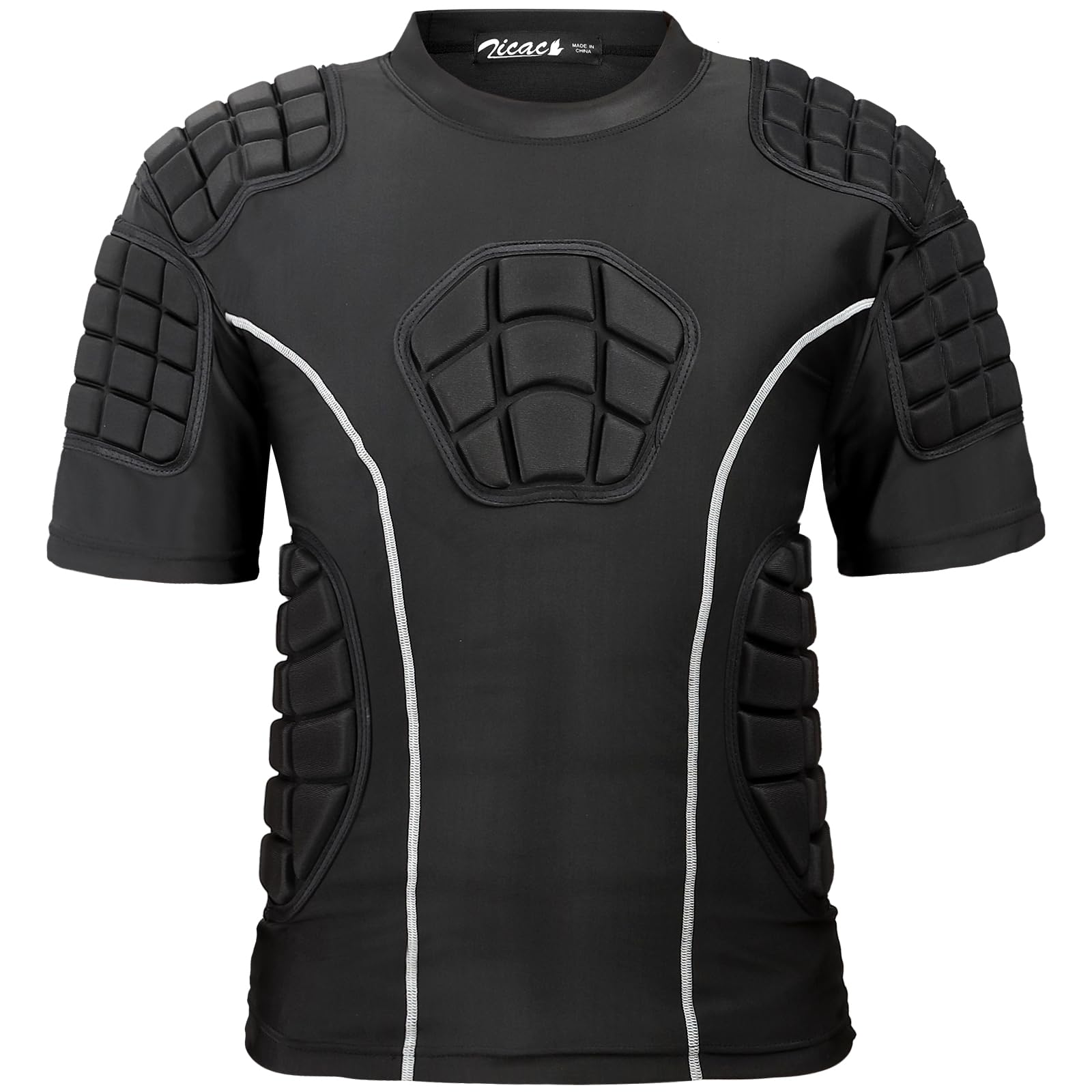 Zicac Men Padded Compression Shirt, Football Chest Rib Protectors, Football Protective Gear for Baseball Rugby Lacrosse Black