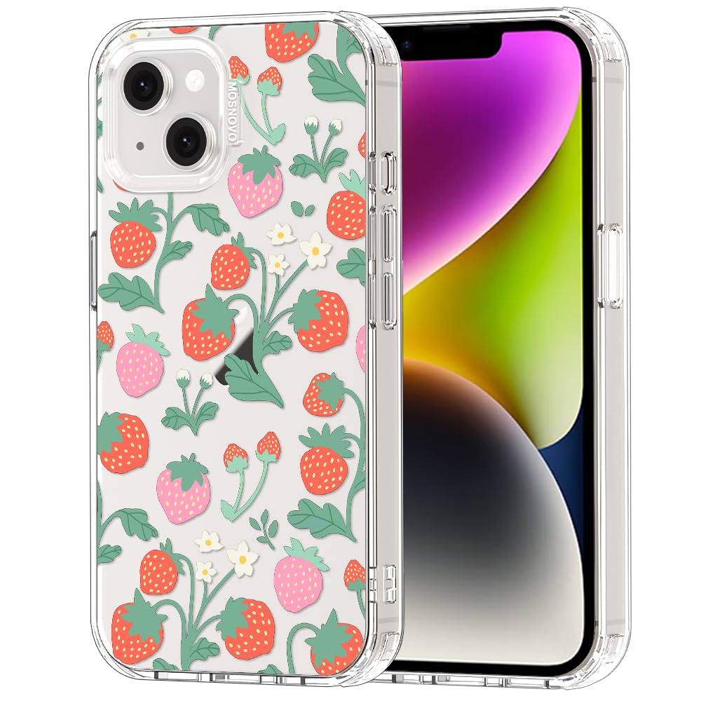 MOSNOVO for iPhone 13/14 Case | Military Grade 6.6ft Drop Tested | Clear with Strawberry Garden Design