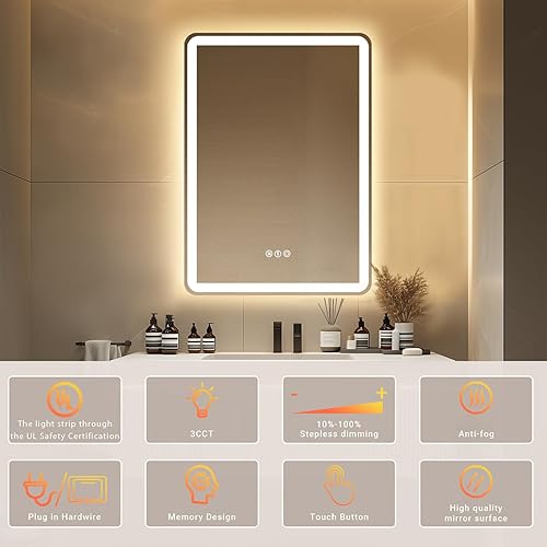 Miniatura 3 de Espejo de baño LED de 28 x 20 pulgadas con regulación continua, retroiluminación con retroiluminación con espejo digital de baño antivaho para
