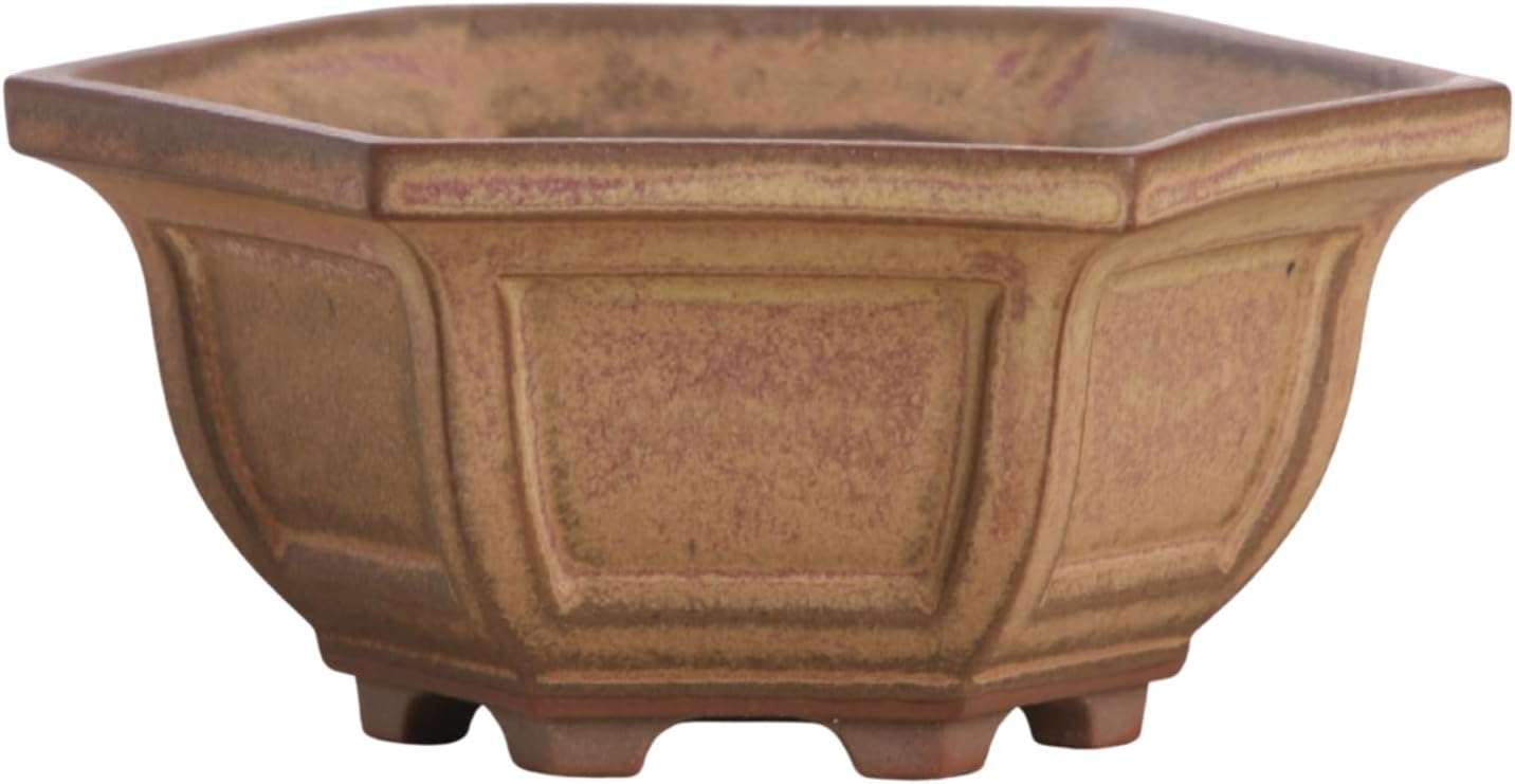 Willow Bonsai Ceramics Hexagonal Windowed Bonsai Pot 5 Inch – Semi‑Cascade Planter, High‑Fired Frost‑Proof Stoneware with Drainage & Wiring Holes, Handmade in USA (Deep Stone)