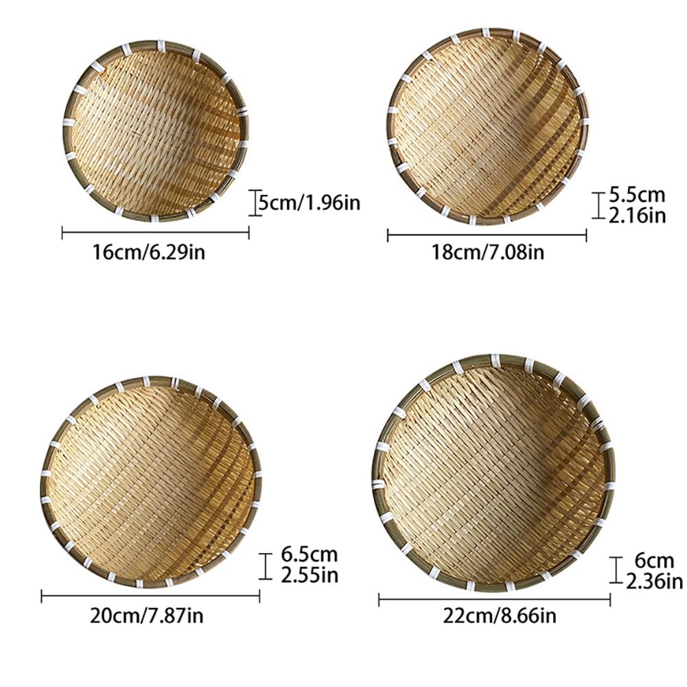 Eforcase 4PCS Fruit Tray Bamboo Basket Tray, Decorative Tray Storage Bins, Wicker Bread Basket, Handmade Woven Fruit Basket, Fruit Holder Container Flat Shallow Vegetables Serving Basket, Stackable