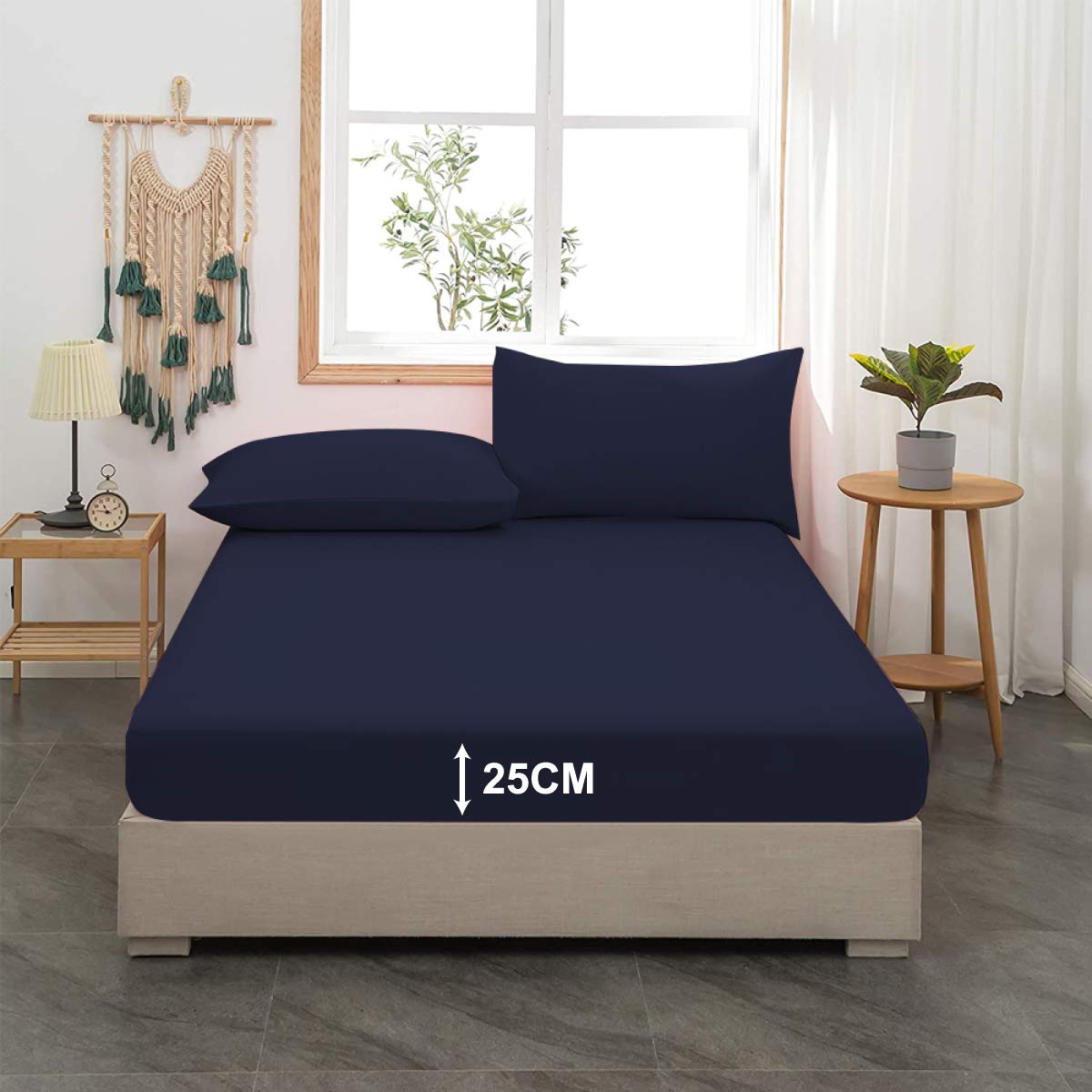 King Size Fitted Sheet -100% Poly Cotton Fitted Sheets King Size Non Iron 25cm Deep Fitted Sheets King Size Bed Covers 152 X 200, Navy Bed Sheets
