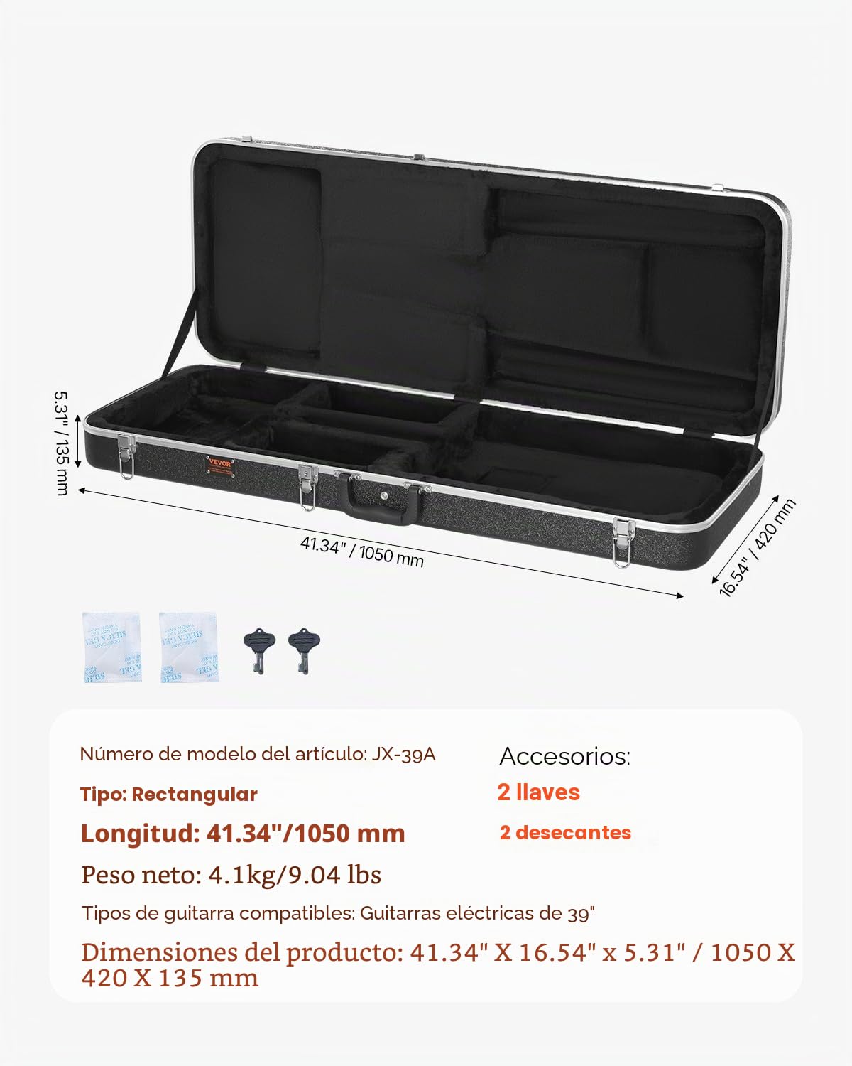 VEVOR Estuche Rígido Rectangular para Guitarra Eléctrica con Cerradura, Pestillo y Asa con Llave, Acolchado ABS Grueso, Forro Suave, Resistente al Agua, Estuche para Guitarra Eléctrica de 39", Negro