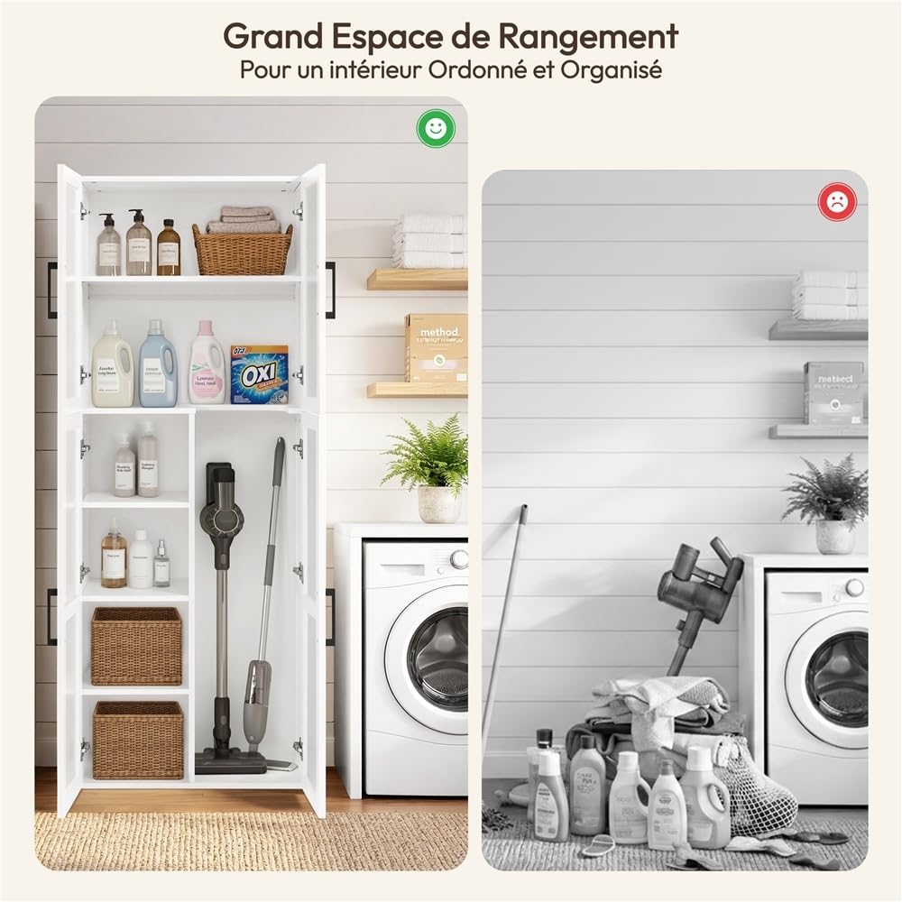 Yaheetech Meuble/Armoire de Rangement avec Compartiment Aspirateur, Colonne avec Étagères Réglables, 4 Portes, pour Salon, Cuisine, Salle de Bain, Blanc, 60x37x175.5 cm