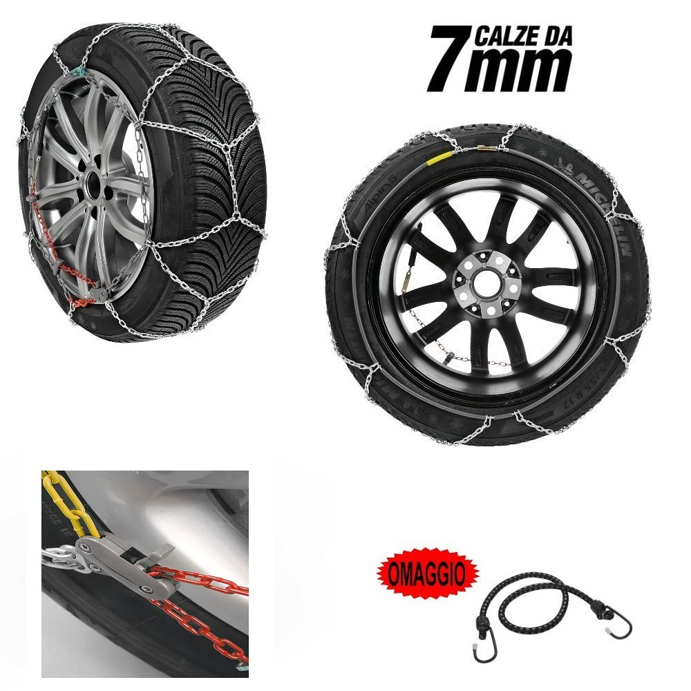 CATENA DA NEVE PER AUTO CON GOMMA 205/45 18" CERCHIO 18" COPPIA DI CATENE MAGLIA 7MM OMOLOGATE PER RUOTE AUTO SU STRADA GHIACCIO CAVO IN ACCIAIO ANTIRUGGINE