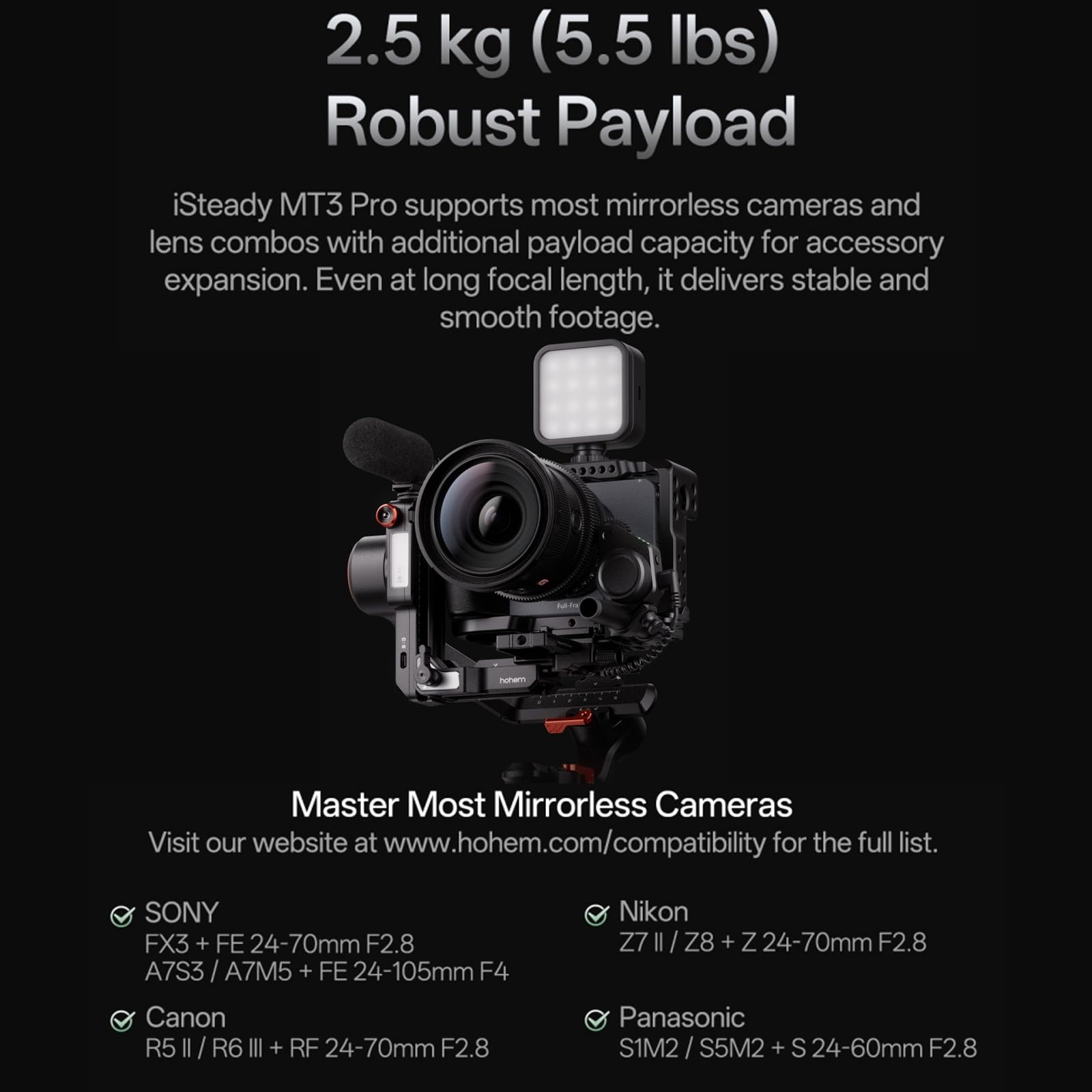 hohem iSteady MT3 Pro Kit de estabilizador Gimbal para cámara: Gimbal de 3 Ejes para cámaras, Smartphones y cámaras de acción; Pantalla táctil de 1.4"; Carga útil de 2.5 kg (5.5 lbs)