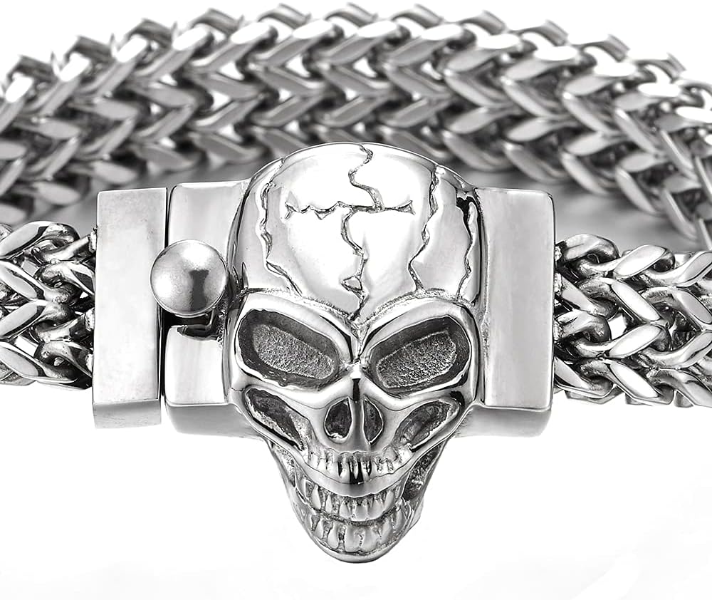 COOLSTEELANDBEYOND Mens Stainless Steel Double Franco Link Curb Chain Bracelet, Crack Skull Spring Box Clasp