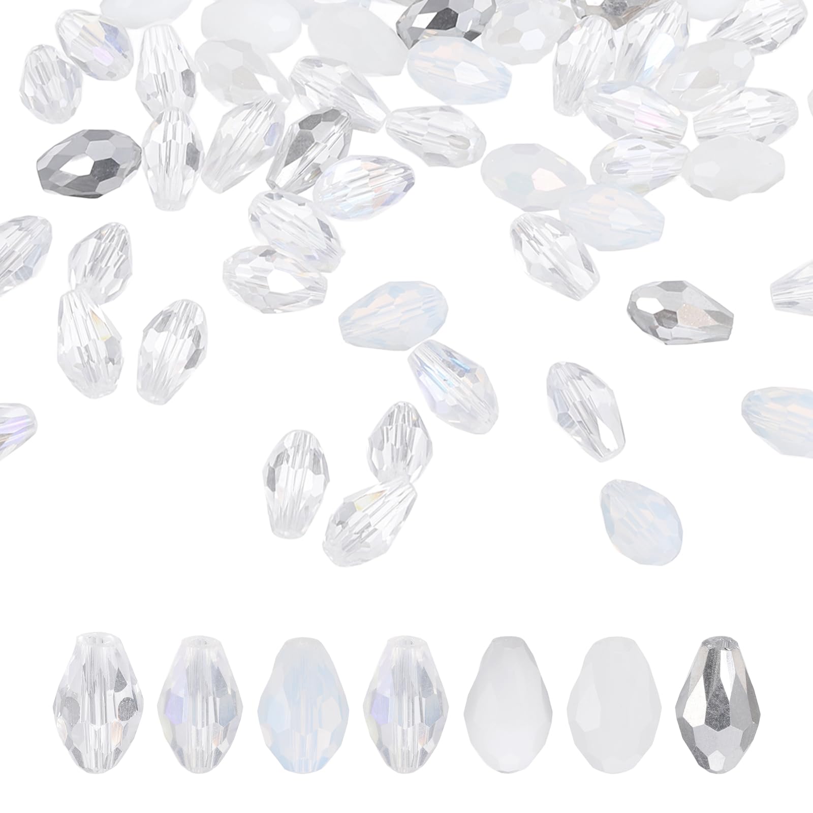 sourcing map 100 PCS Teardrop Crystal Glass Beads, 8x12mm Faceted Shape Crystal AB for Necklace Bracelet Earrings DIY Jewelry Crafts Making Supplies, White