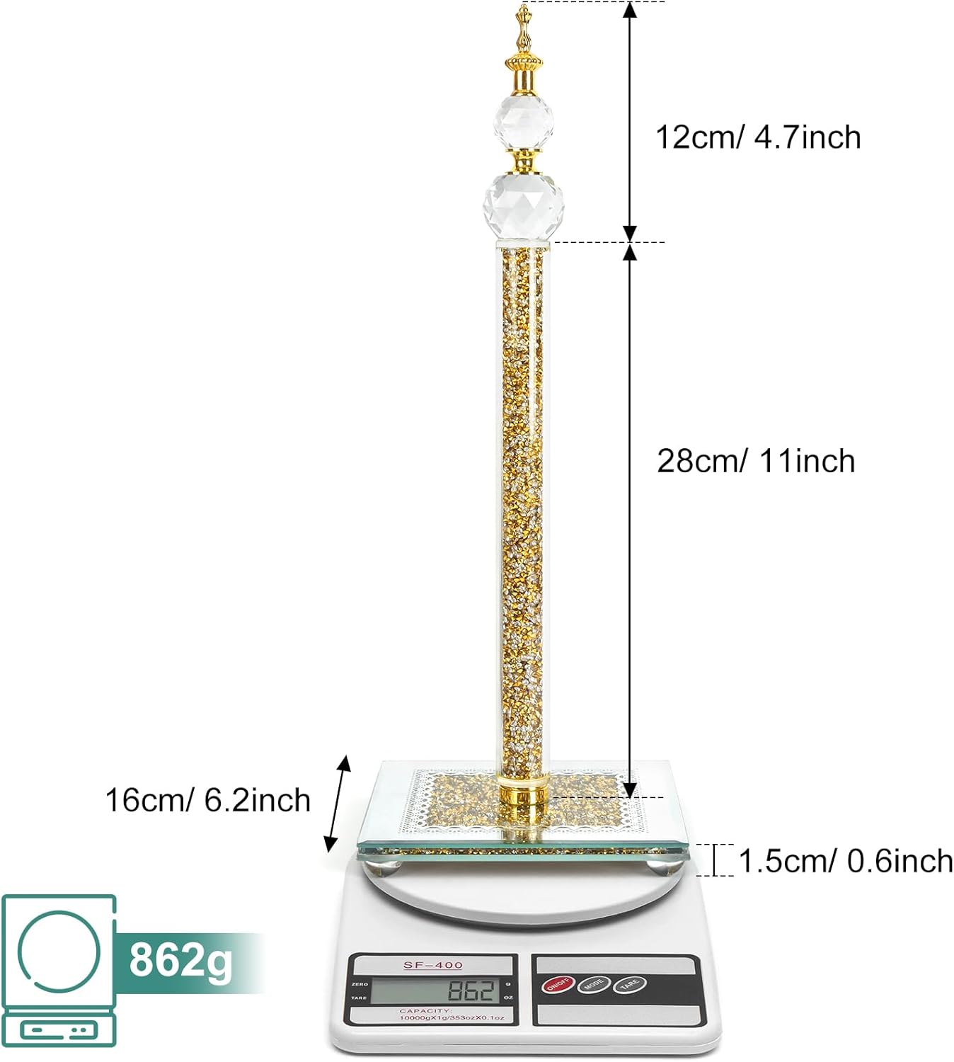 Crystal Paper Towel Holder Countertop, Gold Paper Towel Stand Non Slip Filled Paper Towel Roll Holder with Weighted Base & Suction Cups for Kitchen Bathroom Tabletop