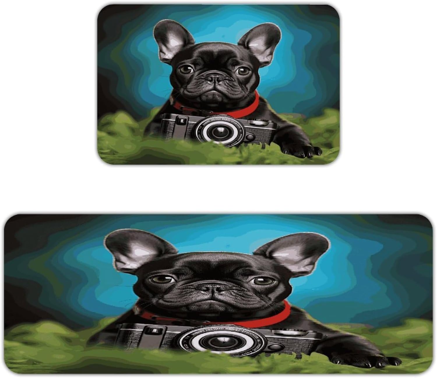 French Bulldog Puppy with Camera Kitchen Mats with 2PCS Non-Slip Washable,Kitchen Rug Heavy Duty Durable, Floor Mats for Kitchen,Office,Sink,Laundry