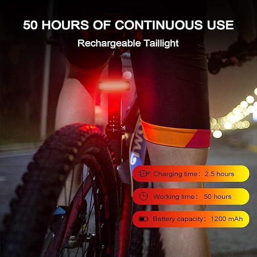 Vista 3 de Paquete de 2 luces traseras recargables por USB, 1200 mAh, tiempo de funcionamiento 50 horas, luz trasera LED ultra brillante para bicicleta, 5