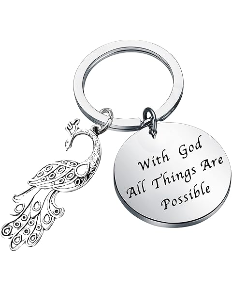BEKECH Peacock Gift With God All Things Are Possible Peacock Feather Charm Keychain for Exotic Bird Lovers