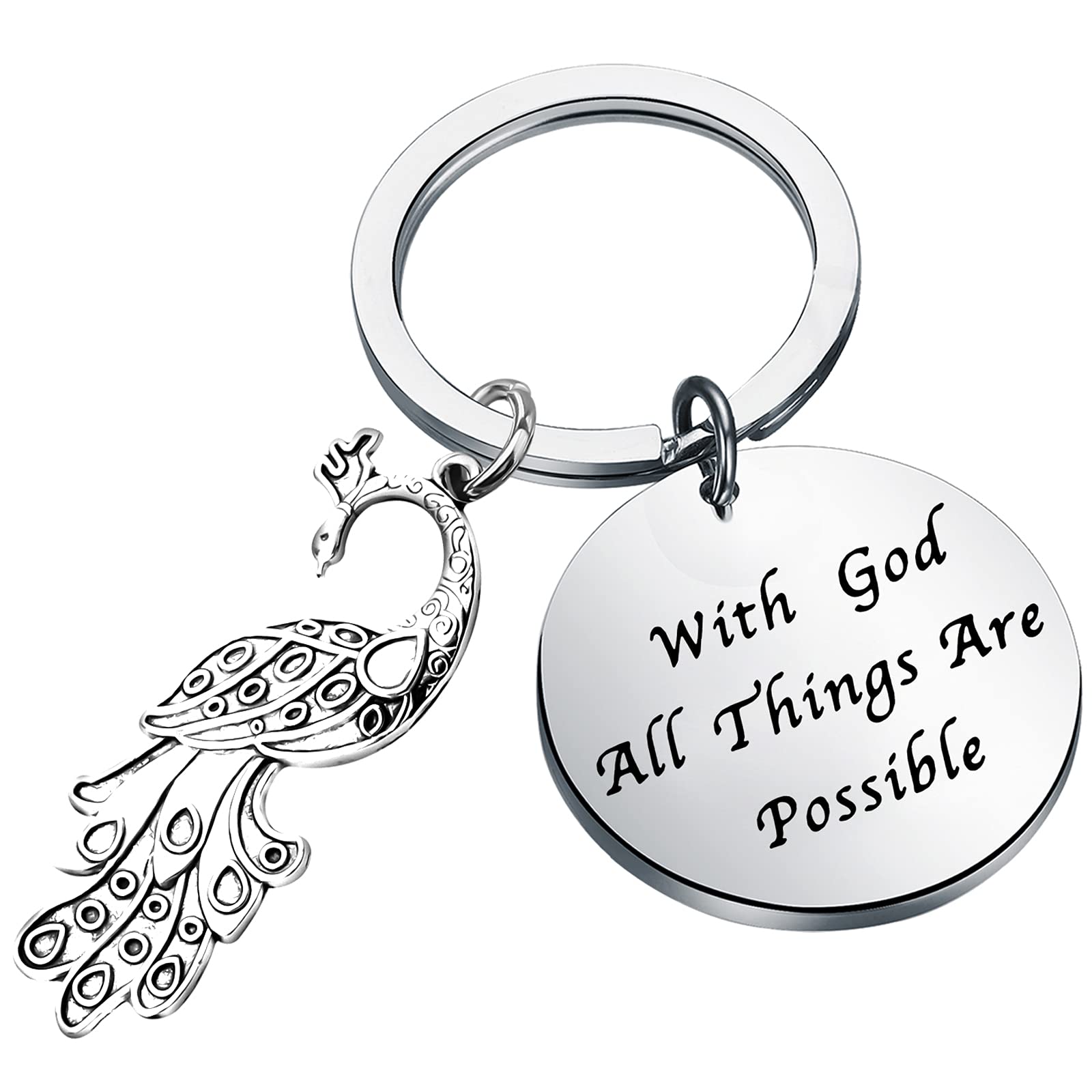 BEKECHPeacock Gift With God All Things Are Possible Peacock Feather Charm Keychain for Exotic Bird Lovers