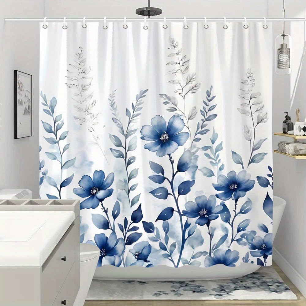 Rideau de douche anti moisissure à fleurs bleues 160 x 220 cm pour sol sec
