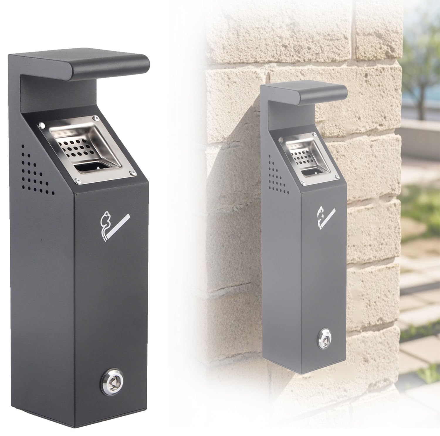 IUokLU Wall Mounted Stainless Steel Ashtray and Trash Bin with Lock for Indoor Outdoor Use - Easy Install for Restaurants,Pubs,Offices,Gardens